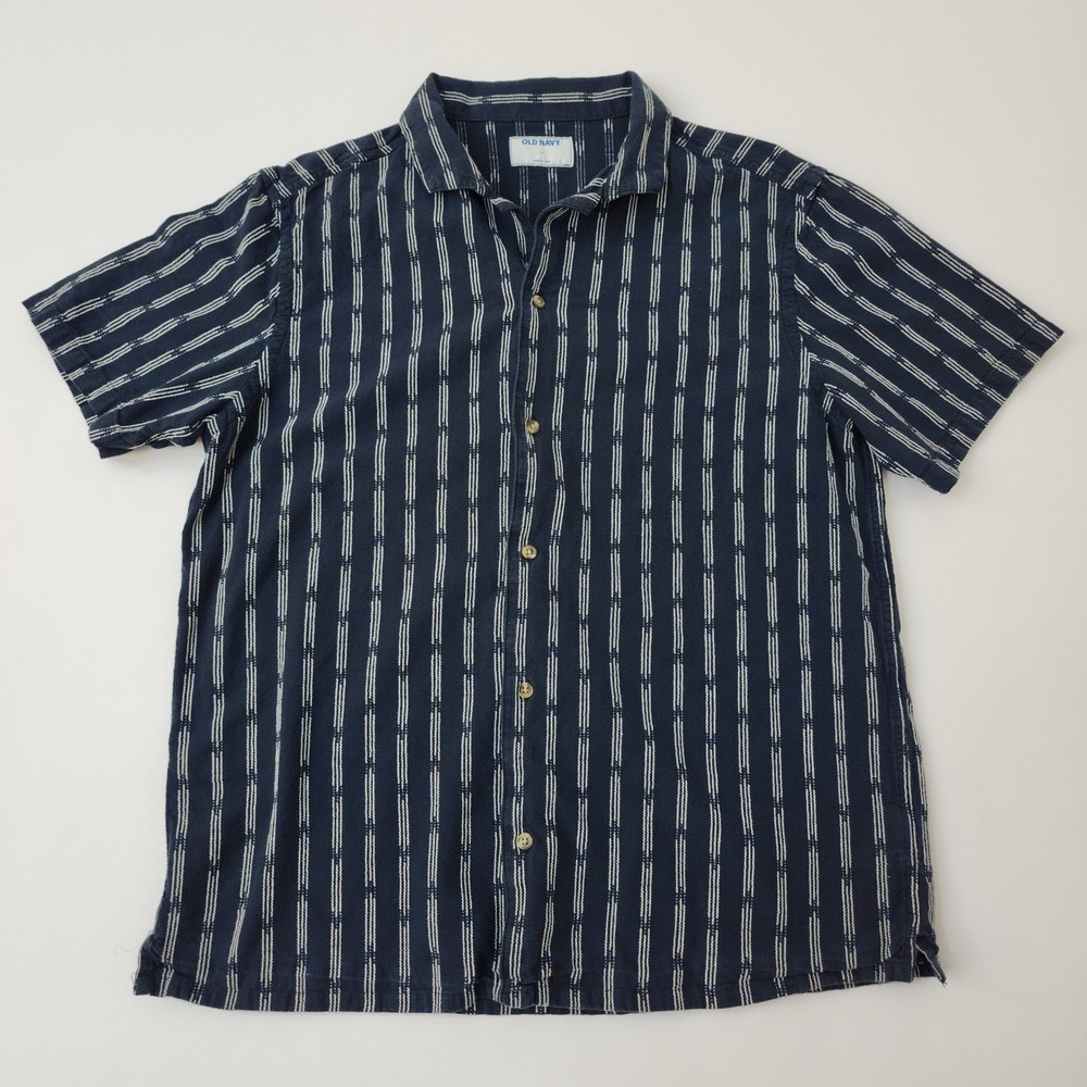 Old Navy Mens Large Navy Blue White Striped Short Sleeve Button Down Shirt L